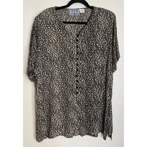 M.P.H. Collection Womens 1X Blouse Tan Black Leopard Print Button Front Rayon